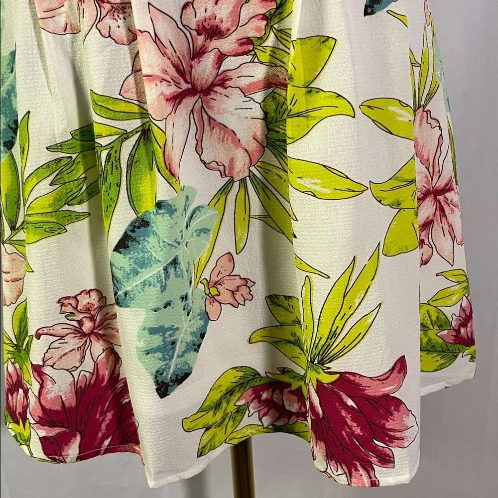 Entro White Multicolor Tropical Floral Print Sleeveless V-Neck A-Line Dress